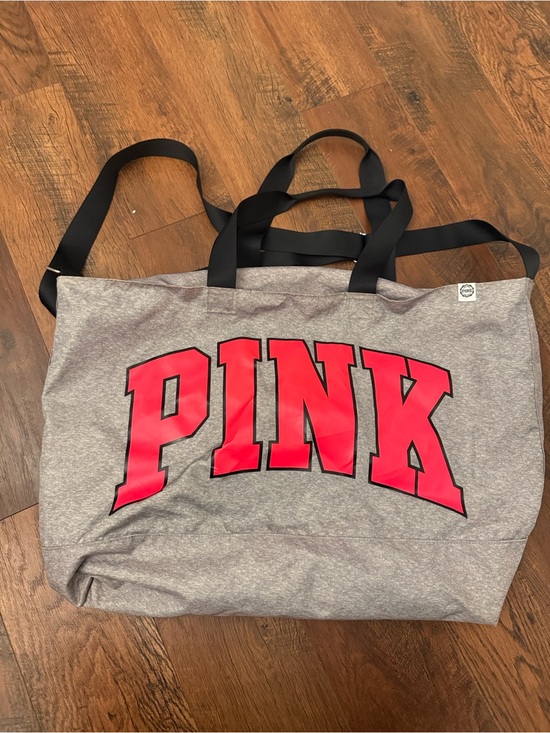 PINK Victoria's Secret Handbags - PINK Victoria's Secret Weekender Gray Tote Bag with Pink Logo